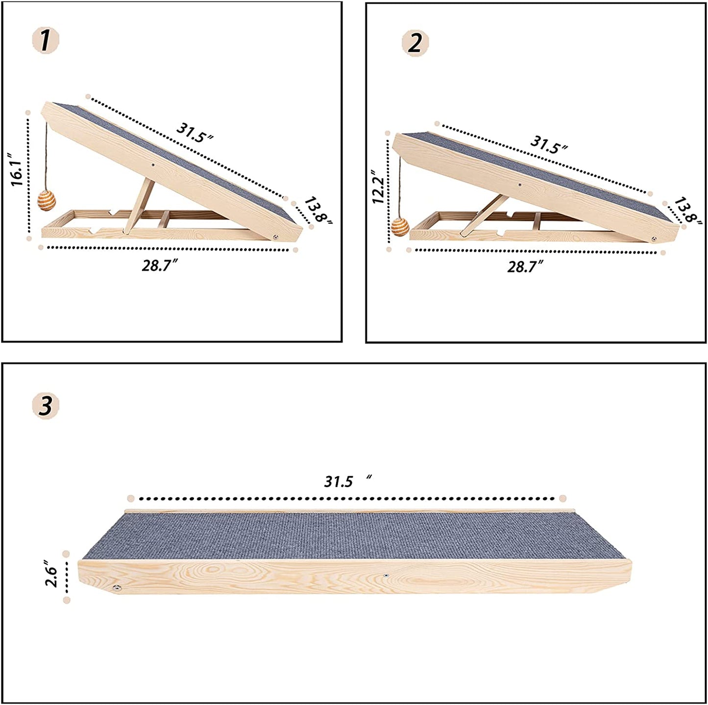 Adjustable Cat Ramp with Scratch Surface and Non-Slip Carpet